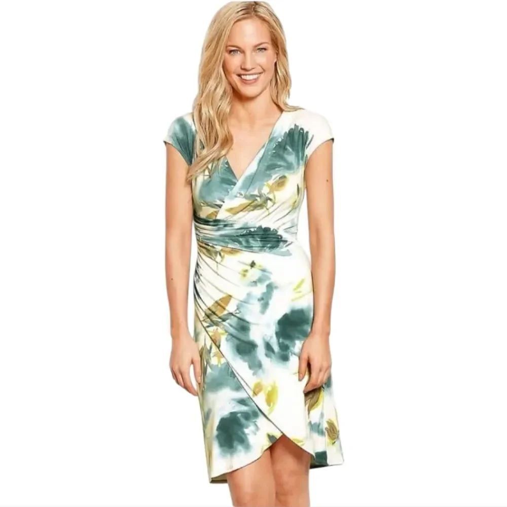 Tommy Bahama Blue Green and Yellow High Low Faux Wrap Dress Size M